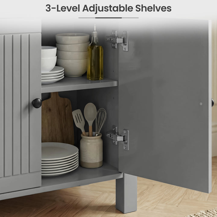 [Grey] Linra Grey Painted 2 Door Sideboard with Drawers - Oak Top close-up diagram showcasing its 3-level adjustable shelves.