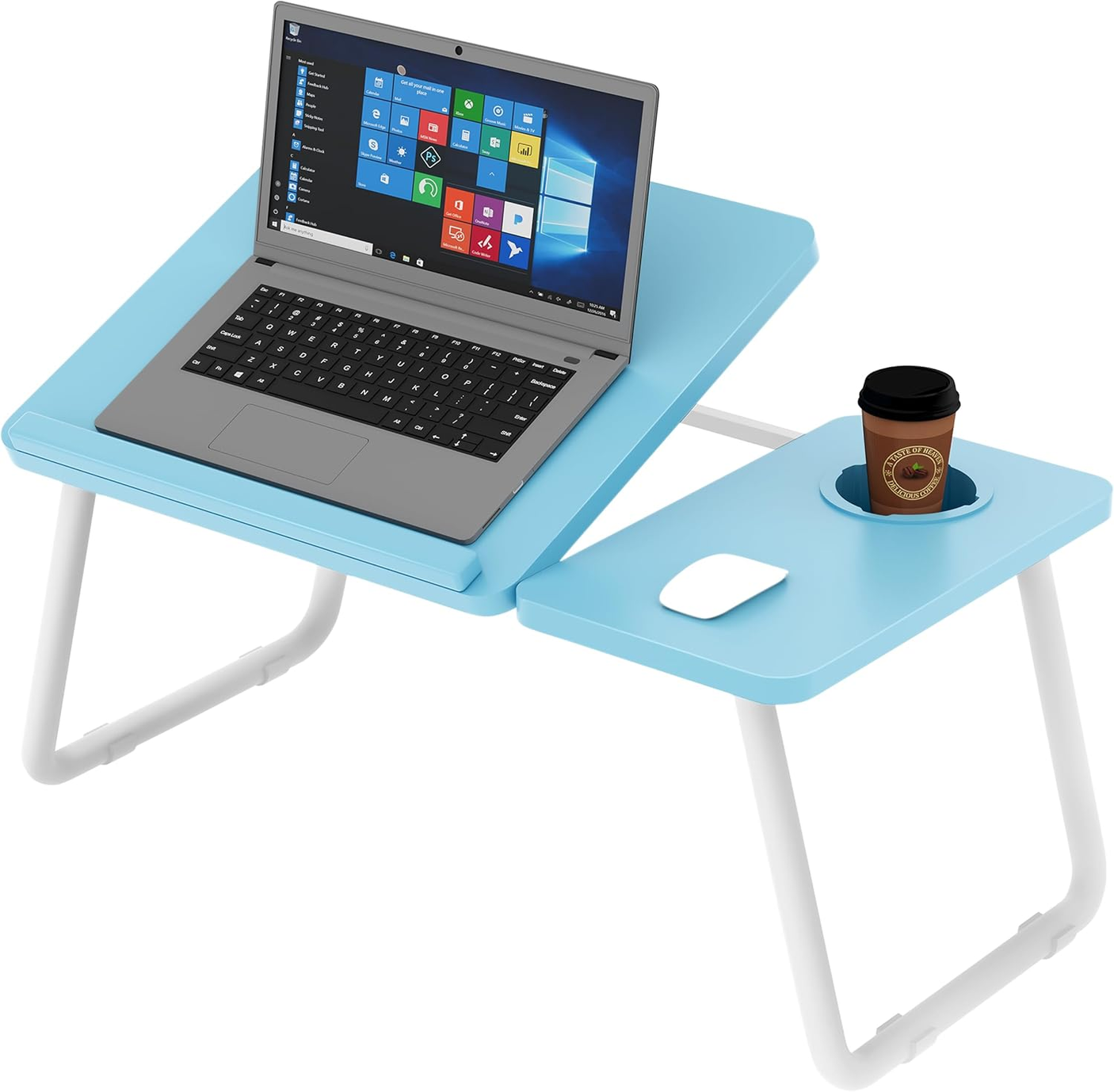 Adjustable side table for laptop in blue, portable, ergonomic, and space-saving.