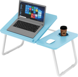 Adjustable side table for laptop in blue, portable, ergonomic, and space-saving.