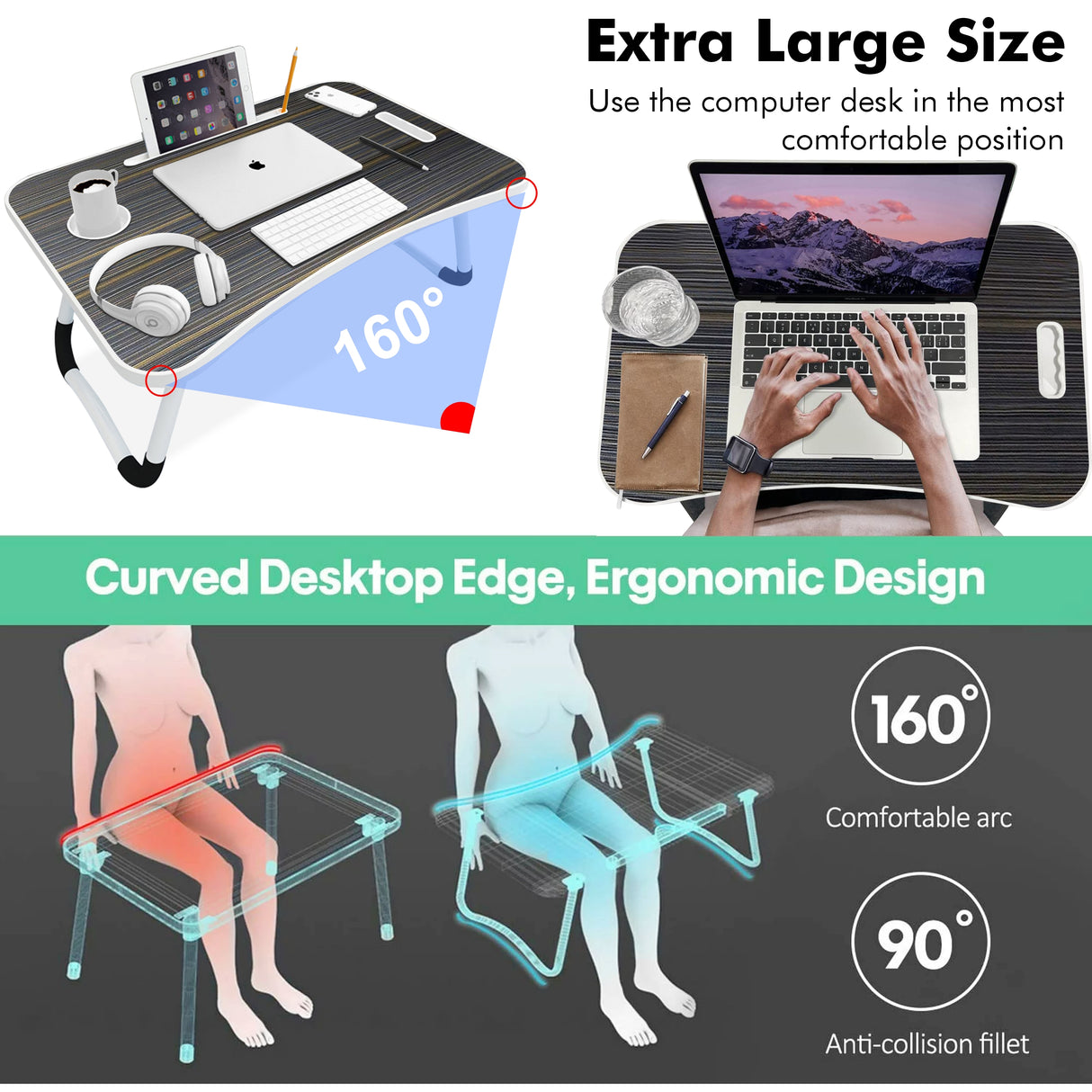 Adjustable swivel laptop table, extra large size, with curved desktop edge and ergonomic design.