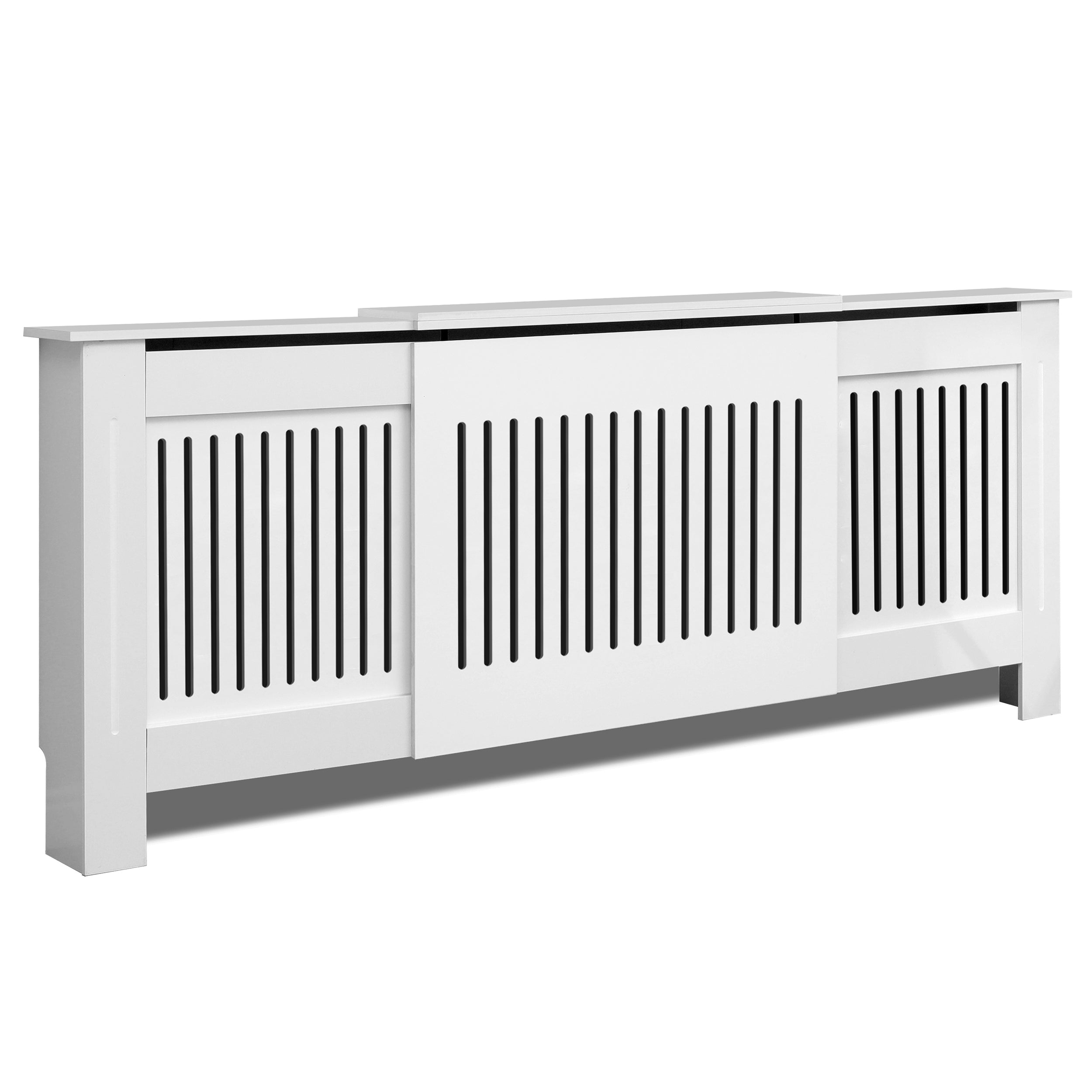 Adjustable white radiator covers with slats, sleek modern design perfect for home interiors.