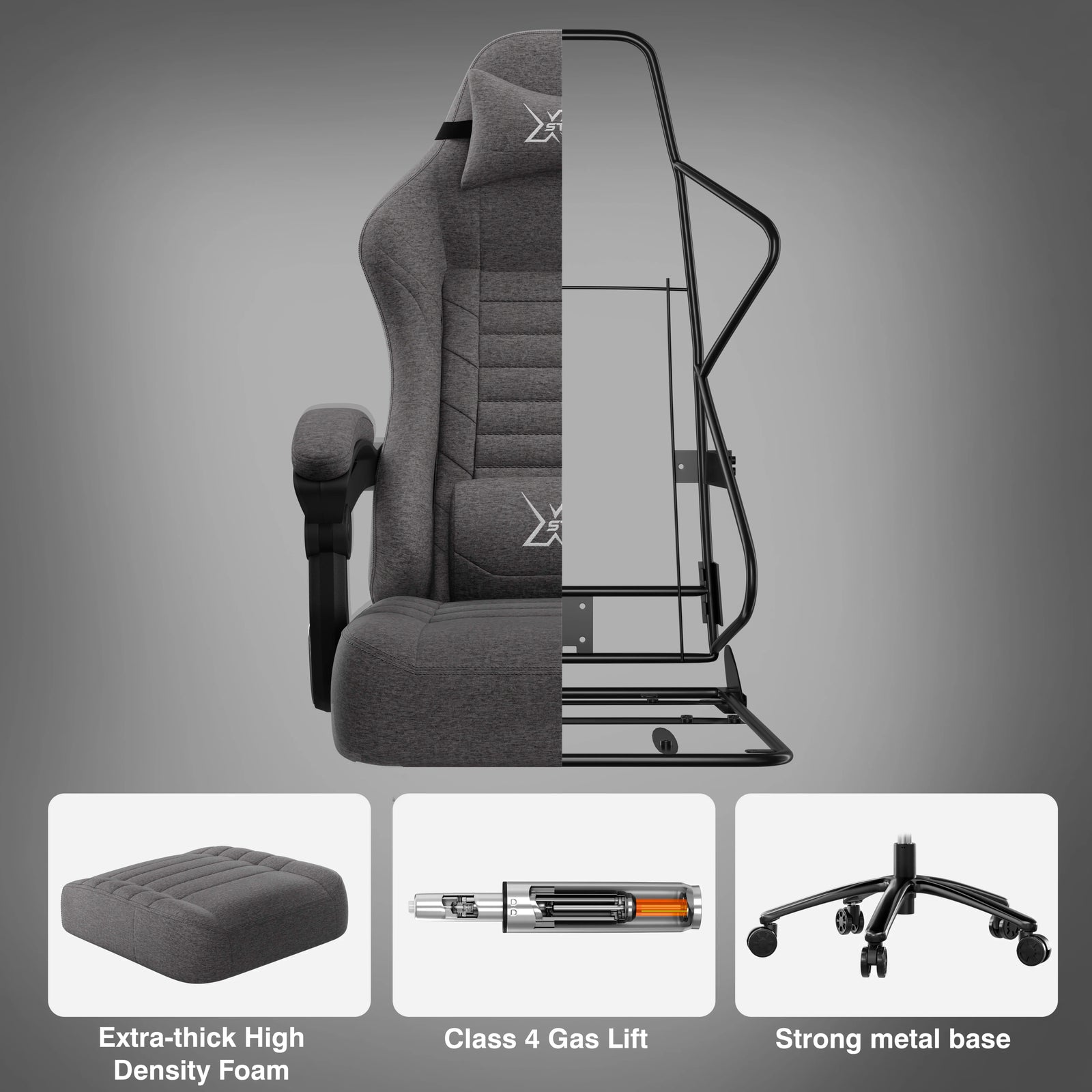 [Grey] Ergonomic chair with highlighted features on a grey background.