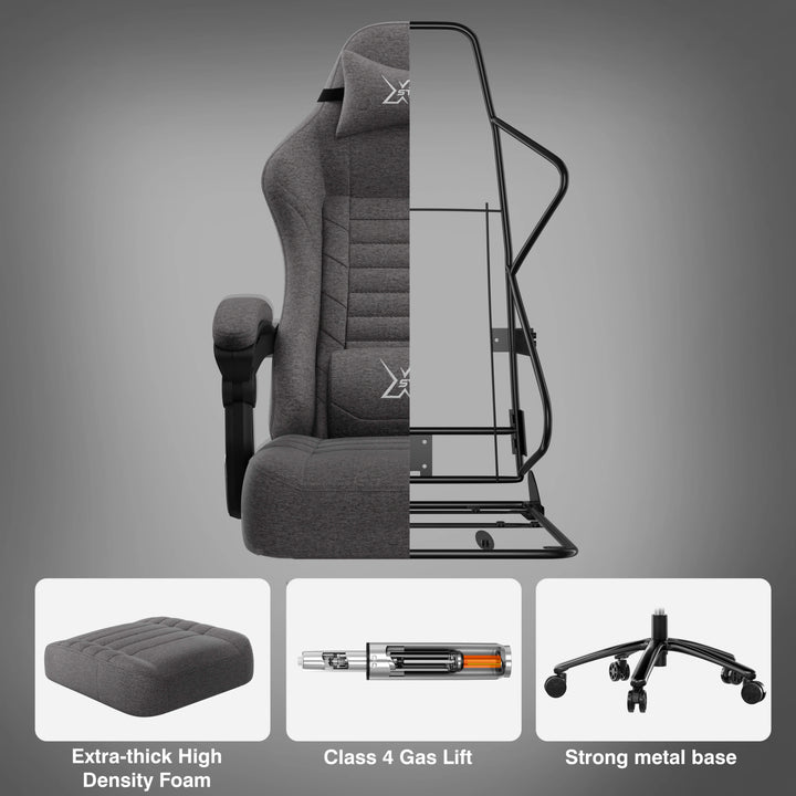 [Grey] Ergonomic chair with highlighted features on a grey background.