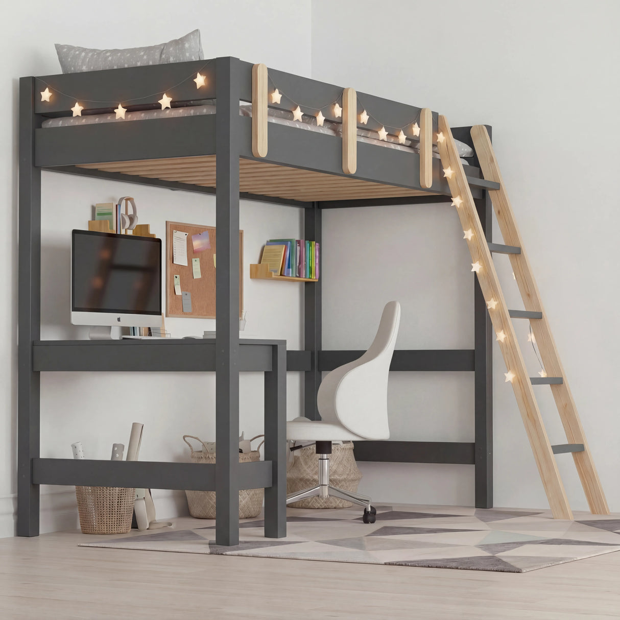 Bunk Bed With Desk - High Sleeper Loft Bed Frame For Kids featuring a dark grey wooden frame, built-in desk, ladder with fairy lights, and safety rails.