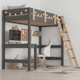 Bunk Bed With Desk - High Sleeper Loft Bed Frame For Kids featuring a dark grey wooden frame, built-in desk, ladder with fairy lights, and safety rails.