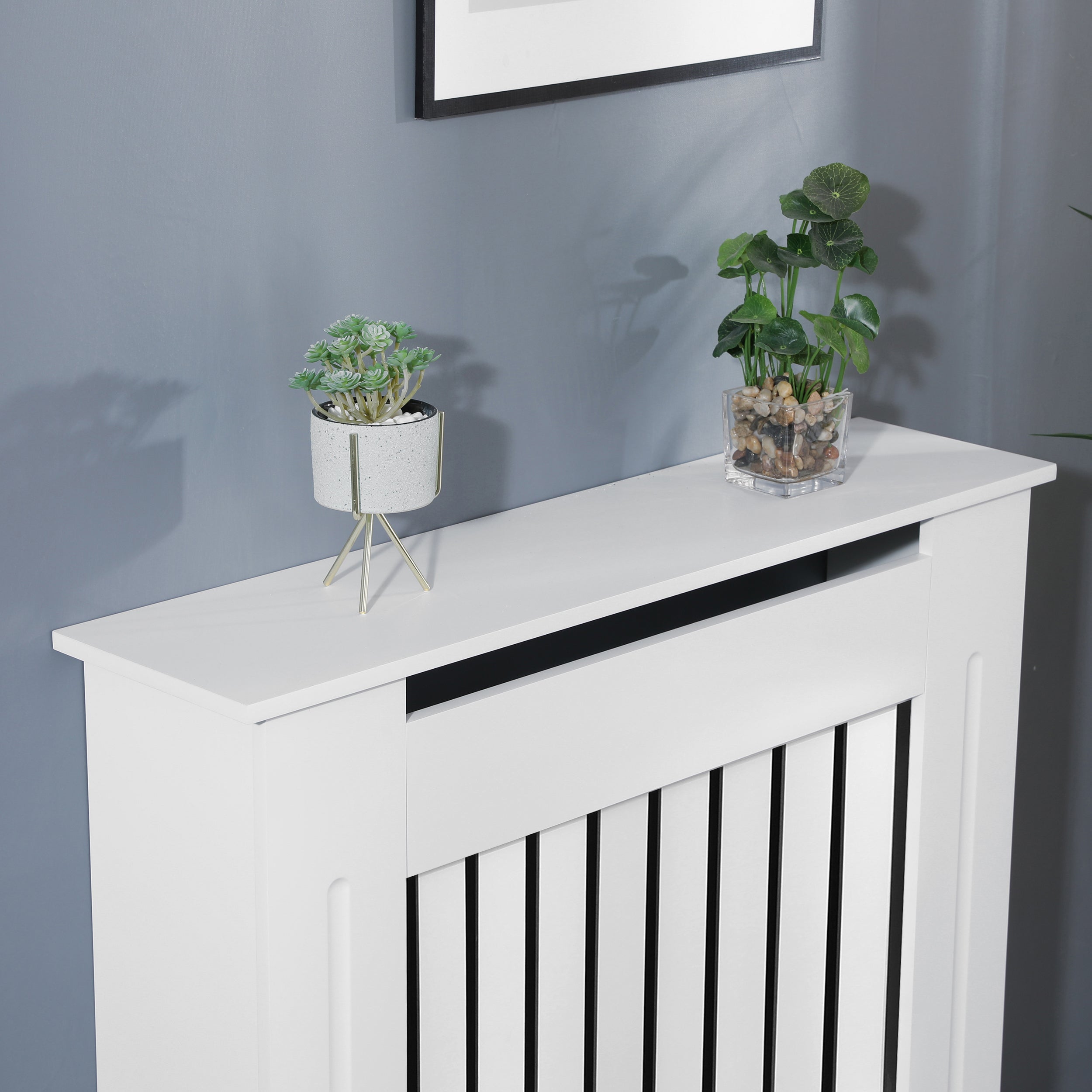 Affordable radiator cover with white vertical slats modern and budget-friendly heating solution.