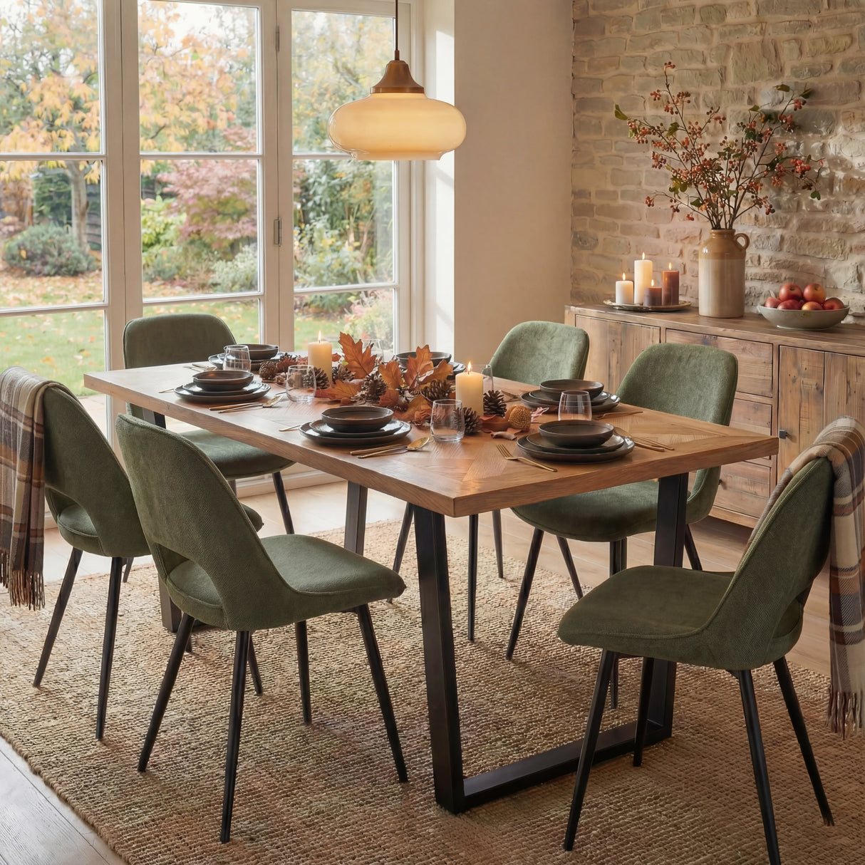 A open dining room setup featuring a dining table with green chairs, adorned with autumn decorations like leaves and candles.