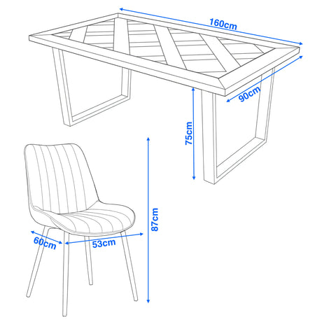 The Aldridge dining table (160x90 cm) and matching chair dimensions (seat width 60 cm, seat height 87 cm) shown in a detailed line drawing.