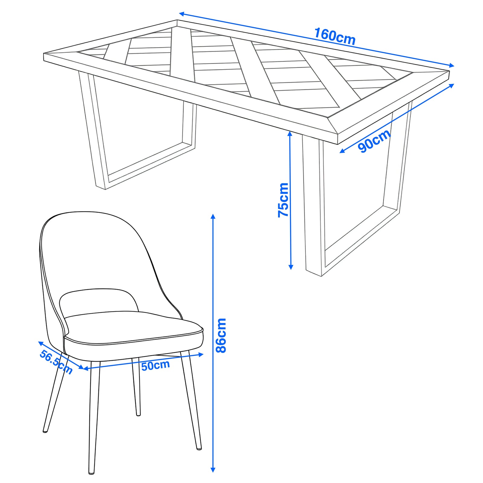 [6 Seater | Green] Aldridge 6 seater diagram shows table 160 x 90 x 75 cm and green chair 50 cm wide, 86 cm tall.