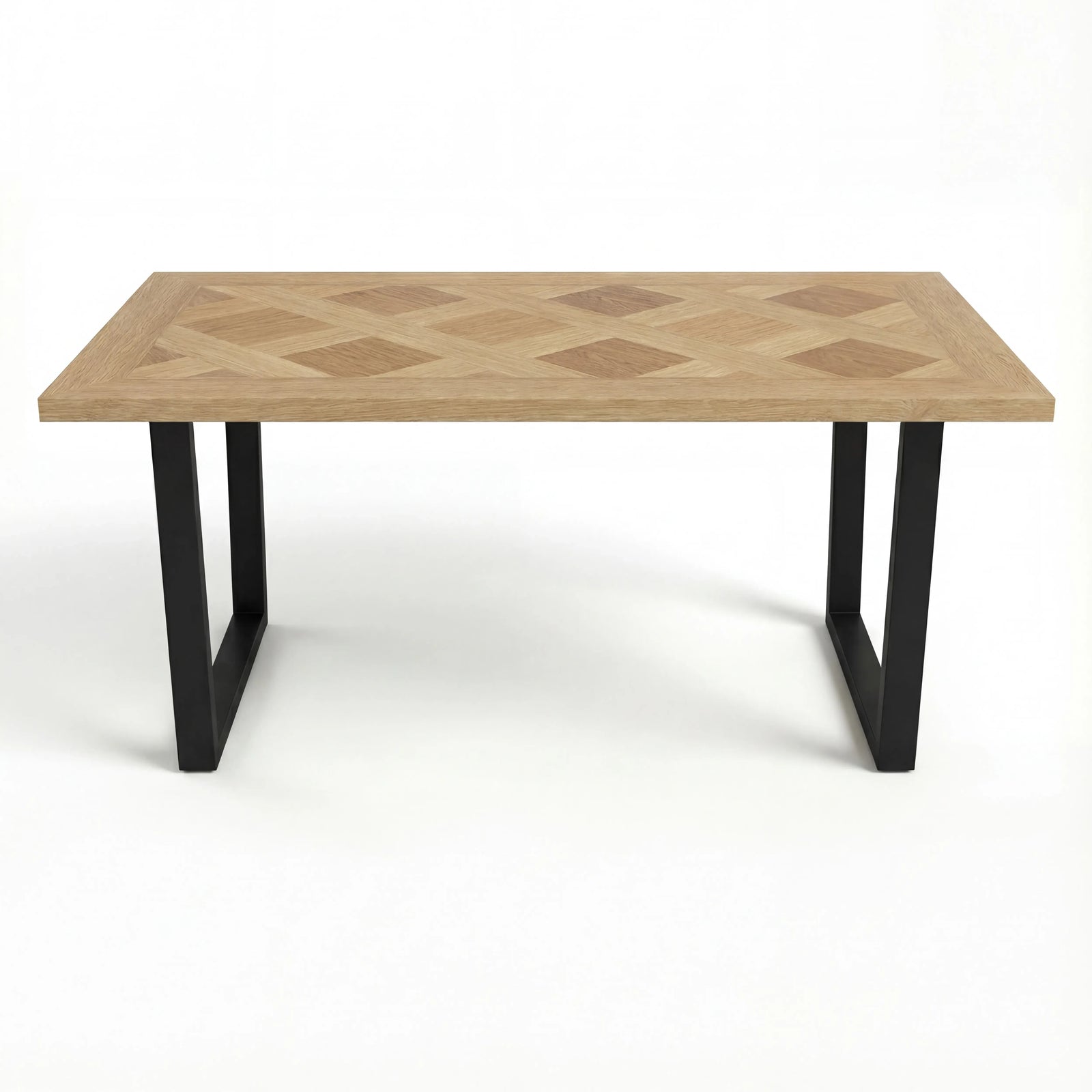 [4 Seater | Grey] Front view of Aldridge dining table with diamond parquet top and matt black U-shaped legs.