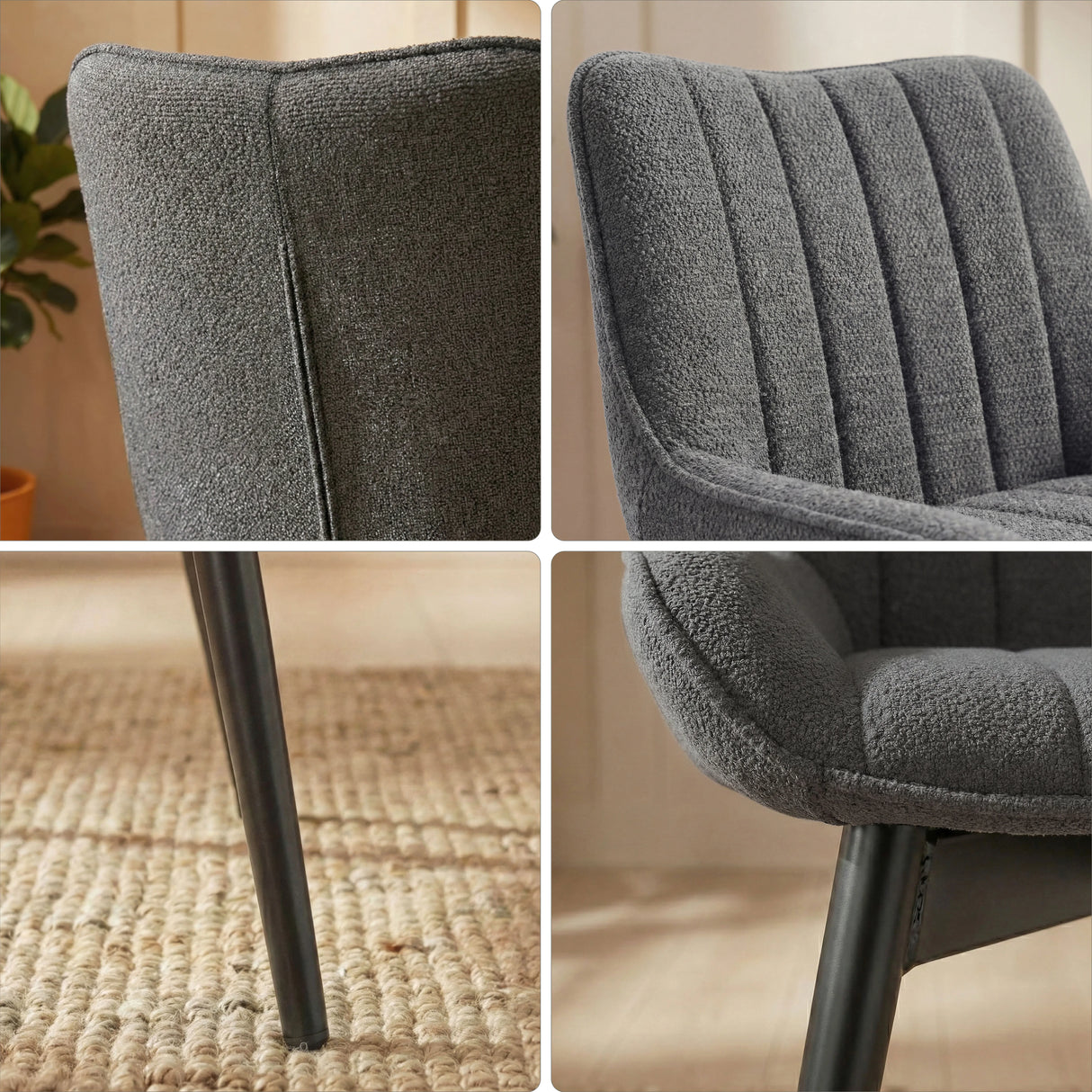 Detailed close-up of the Aldridge Dining chair showing the textured fabric and the black metal legs. Stylish and modern design.