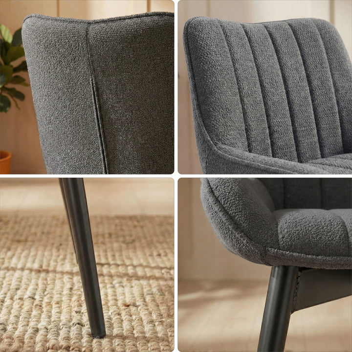 [6 Seater | Grey] Detail collage of Aldridge grey chair upholstery, rear seam and seat-to-leg join.