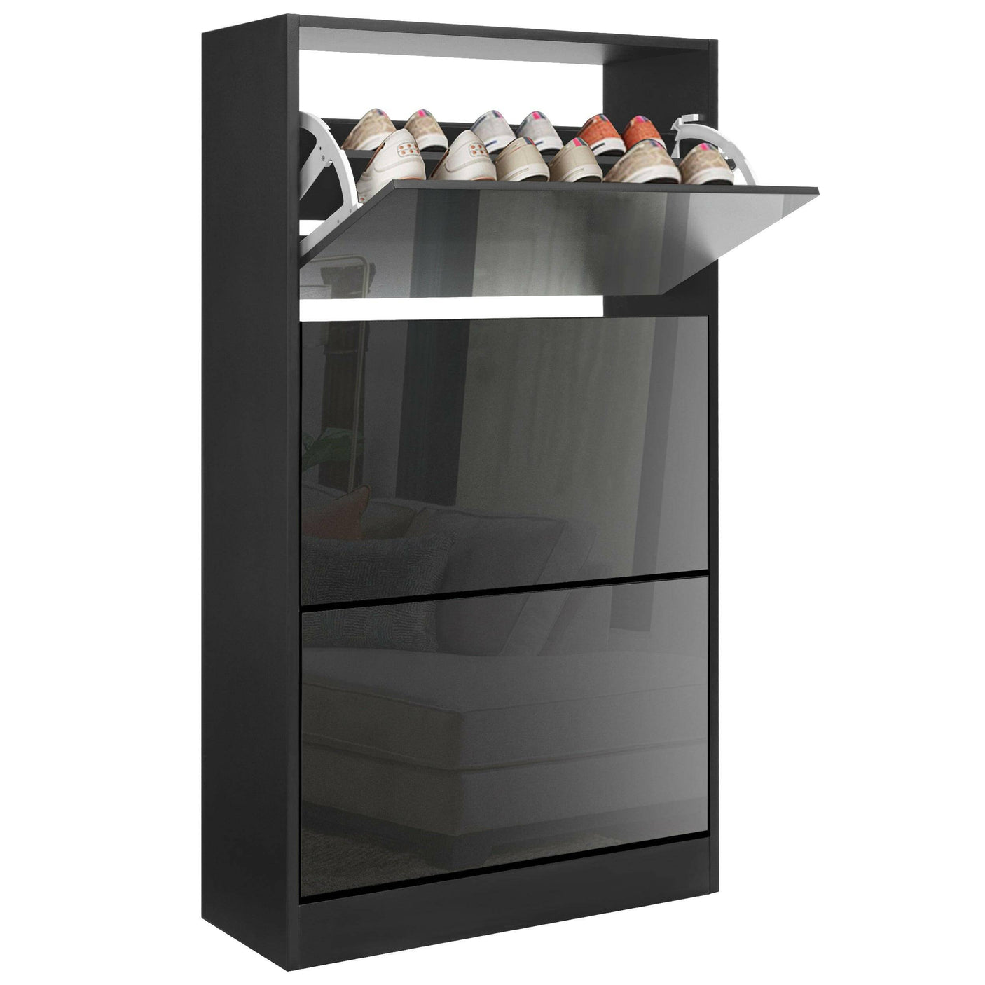 High gloss tall shoe storage black with top compartment and bottom drawers