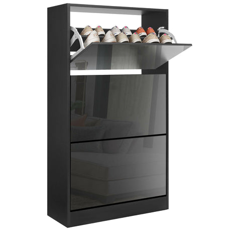 High gloss tall shoe storage black with top compartment and bottom drawers