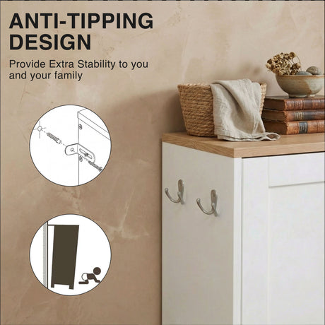 White shaker shoe cabinet storage unit with anti-tip safety fitting and wall anchoring detail