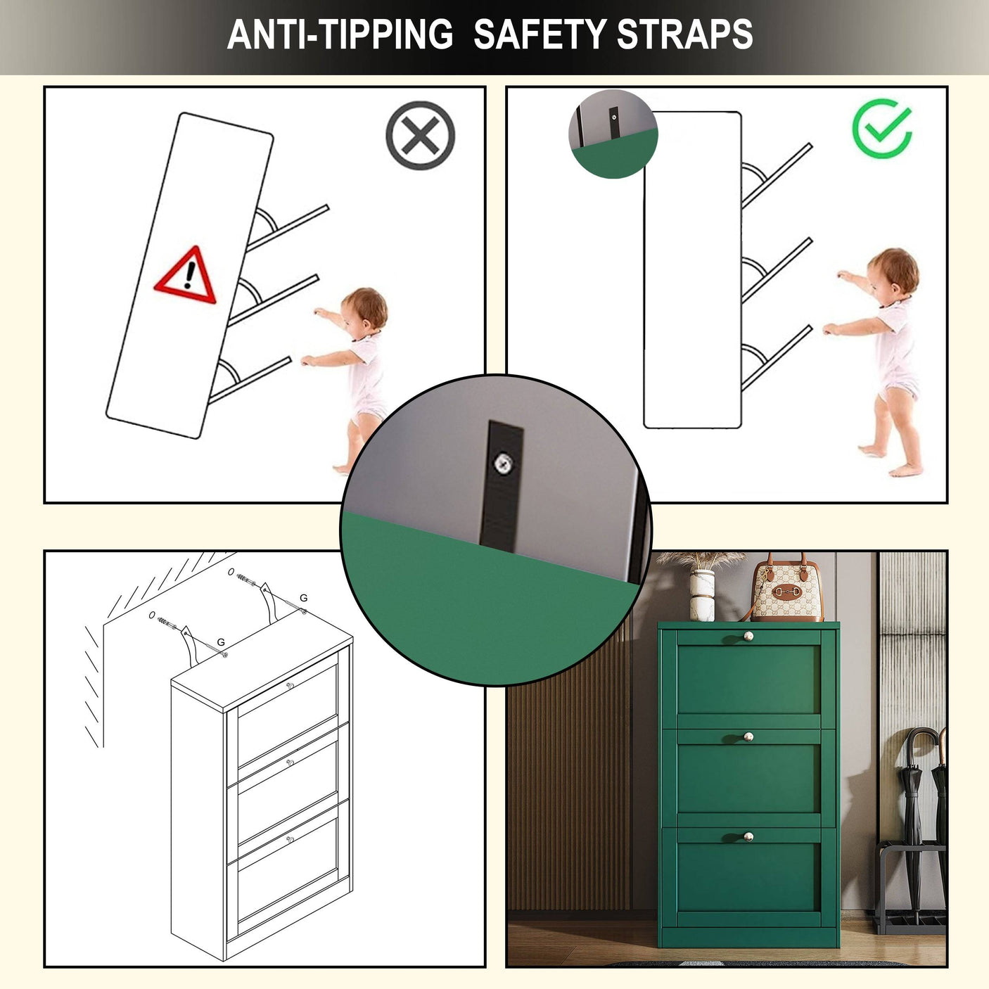 Green Blisswood Shoe Cabinet With Doors includes anti-tipping safety straps for child-safe wall mounting.
