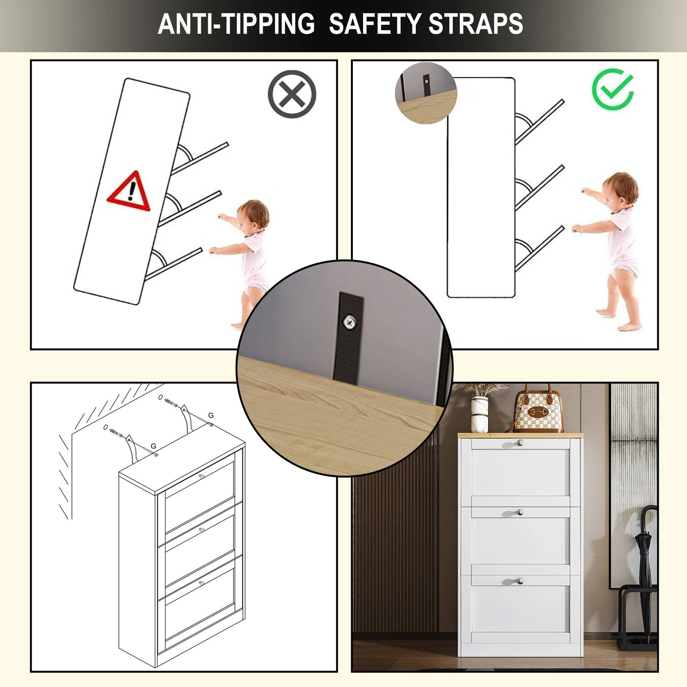 White Blisswood Shoe Cabinet With Doors includes anti-tipping safety straps for secure and safe installation.