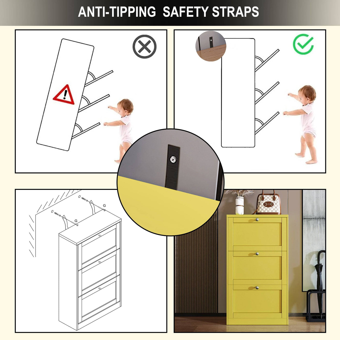 Blisswood Shoe Cabinet With Doors includes anti-tipping safety straps for child safety and secure wall mounting.