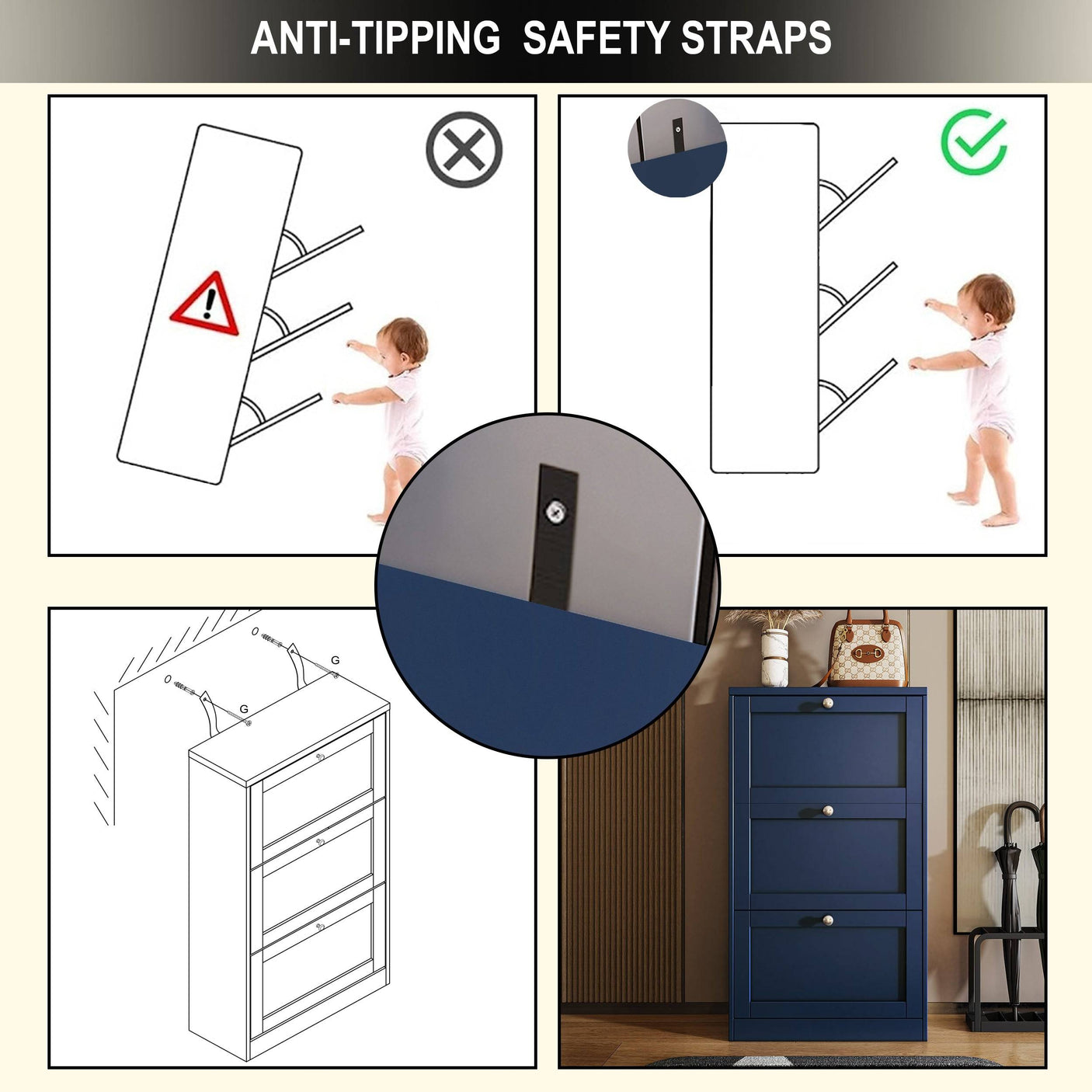 Anti-tipping safety straps included with navy Blisswood Shoe Cabinet With Doors for secure wall mounting.
