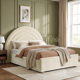 [Beige | Double] Double beige rainbow ottoman bed in styled bedroom with arch headboard, side table and window