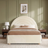 [Beige | Double] Front view of beige plush velvet rainbow ottoman bed with concentric arch headboard and wooden feet