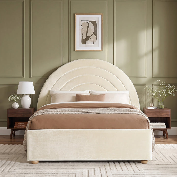 [Beige | Double] Front view of beige plush velvet rainbow ottoman bed with concentric arch headboard and wooden feet