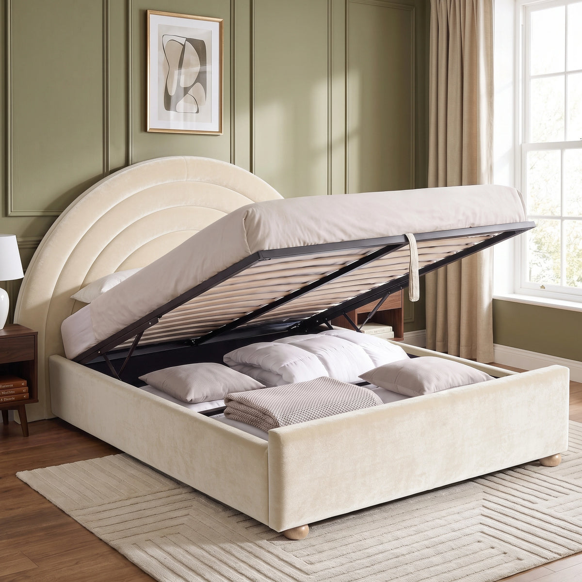 [Beige | Double] Beige rainbow ottoman bed open with gas-lift frame, pull strap, slats and full under-bed storage