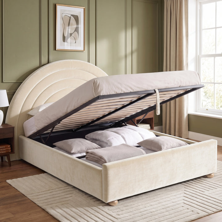 [Beige | Double] Beige rainbow ottoman bed open with gas-lift frame, pull strap, slats and full under-bed storage