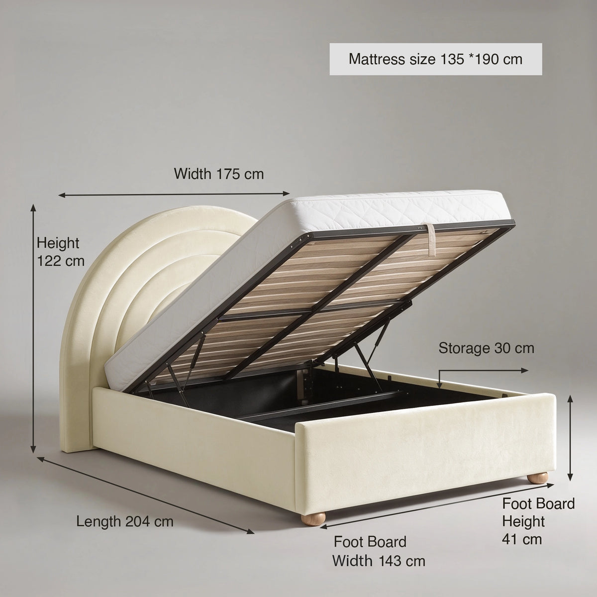 [Beige | Double] Size guide: mattress 135 x 190 cm; 175 cm wide headboard; 143 wide x 204 long bed; storage 30 cm