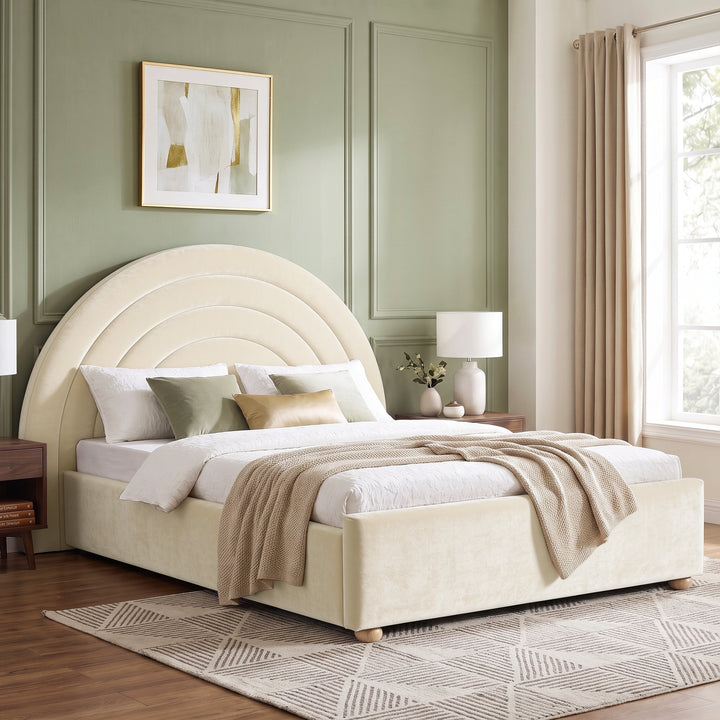 [Beige | King] King beige rainbow ottoman bed in styled bedroom with arch headboard, side table and window
