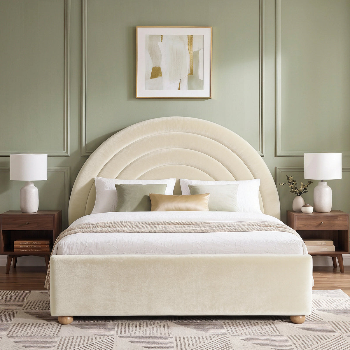 [Beige | King] Front view of beige plush velvet rainbow ottoman bed with concentric arch headboard and wooden feet