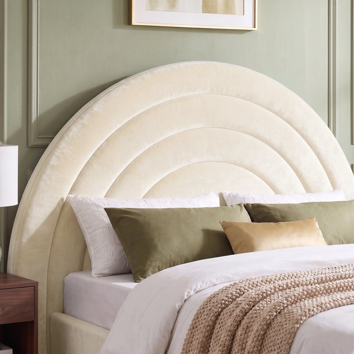 [Beige | King] Close-up of beige plush velvet concentric arch headboard with padded curved channels and pillows