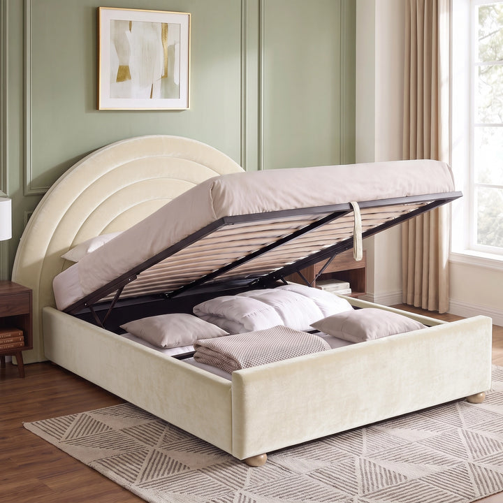 [Beige | King] Beige rainbow ottoman bed open with gas-lift frame, pull strap, slats and full under-bed storage