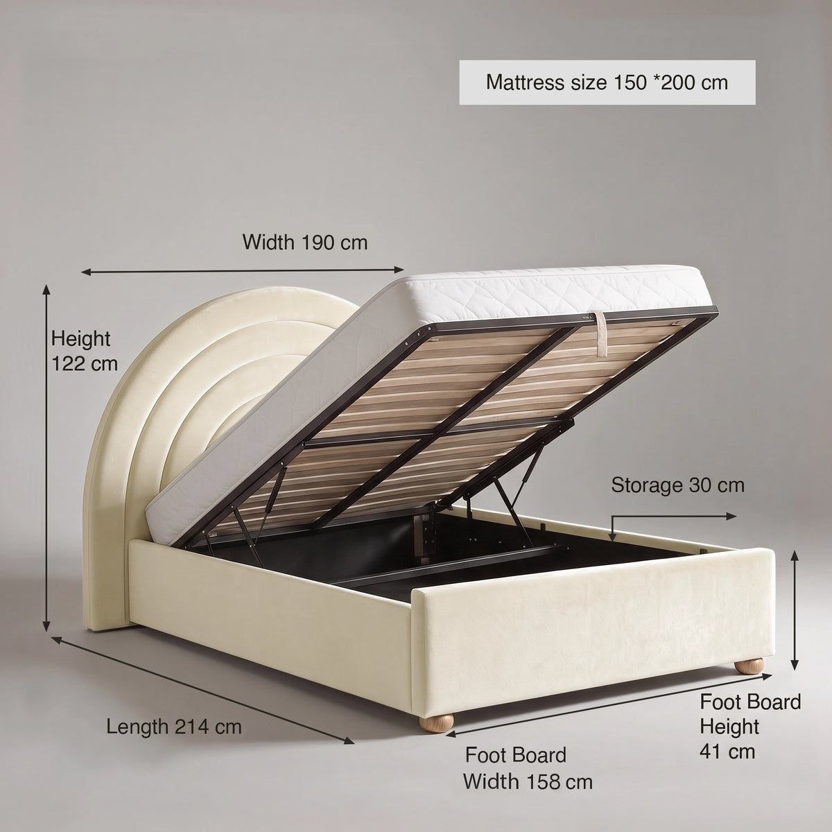 [Beige | King] Size guide: mattress 150 x 200 cm; 190 cm wide headboard; 158 wide x 214 long bed; storage 30 cm
