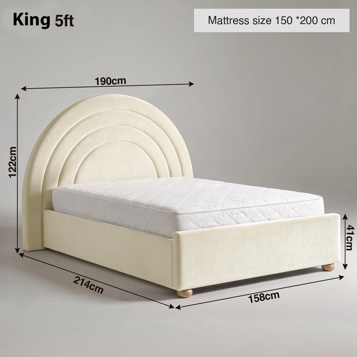[Beige | King] Size guide: mattress 150 x 200 cm; 190 cm wide headboard; 158 wide x 214 long bed; storage 30 cm