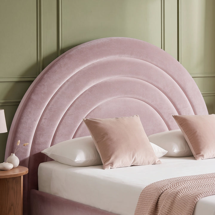 [Pink | Double] Close-up of pink plush velvet concentric arch headboard with padded curved channels and pillows