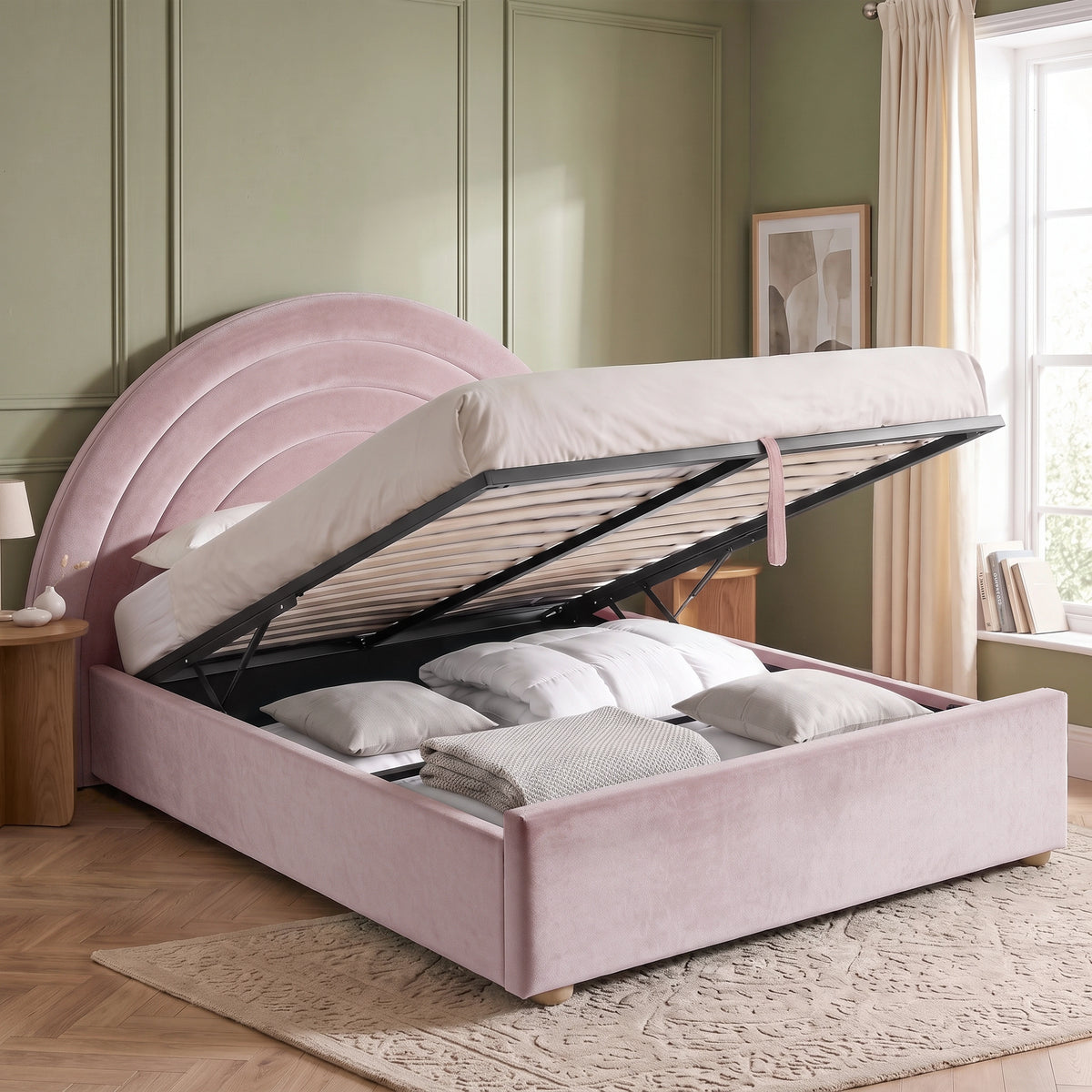 [Pink | Double] Pink rainbow ottoman bed open with gas-lift frame, pull strap, slats and full under-bed storage