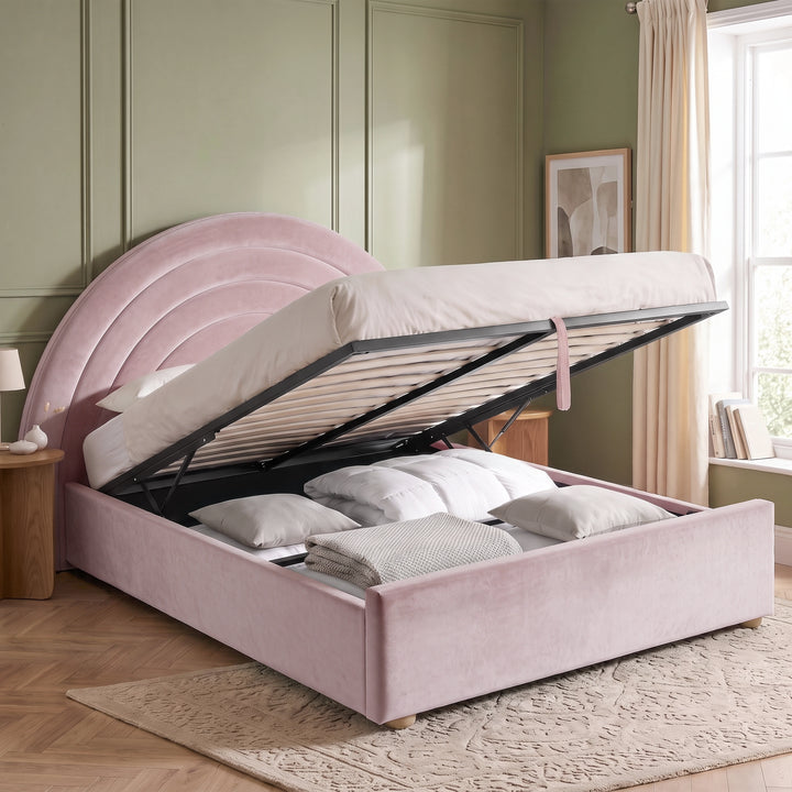 [Pink | Double] Pink rainbow ottoman bed open with gas-lift frame, pull strap, slats and full under-bed storage