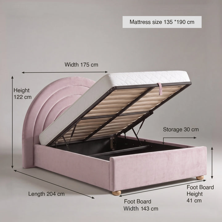 [Pink | Double] Size guide: mattress 135 x 190 cm; 175 cm wide headboard; 143 wide x 204 long bed; storage 30 cm