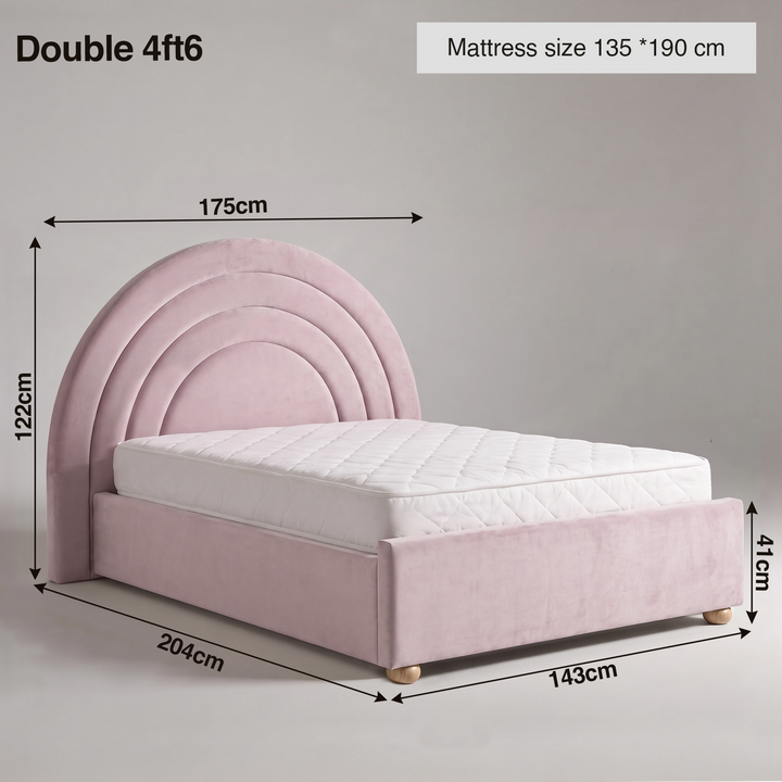 [Pink | Double] Size guide: mattress 135 x 190 cm; 175 cm wide headboard; 143 wide x 204 long bed; storage 30 cm
