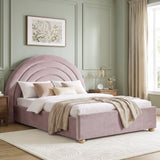 [Pink | King] King pink rainbow ottoman bed in styled bedroom with arch headboard, side table and window