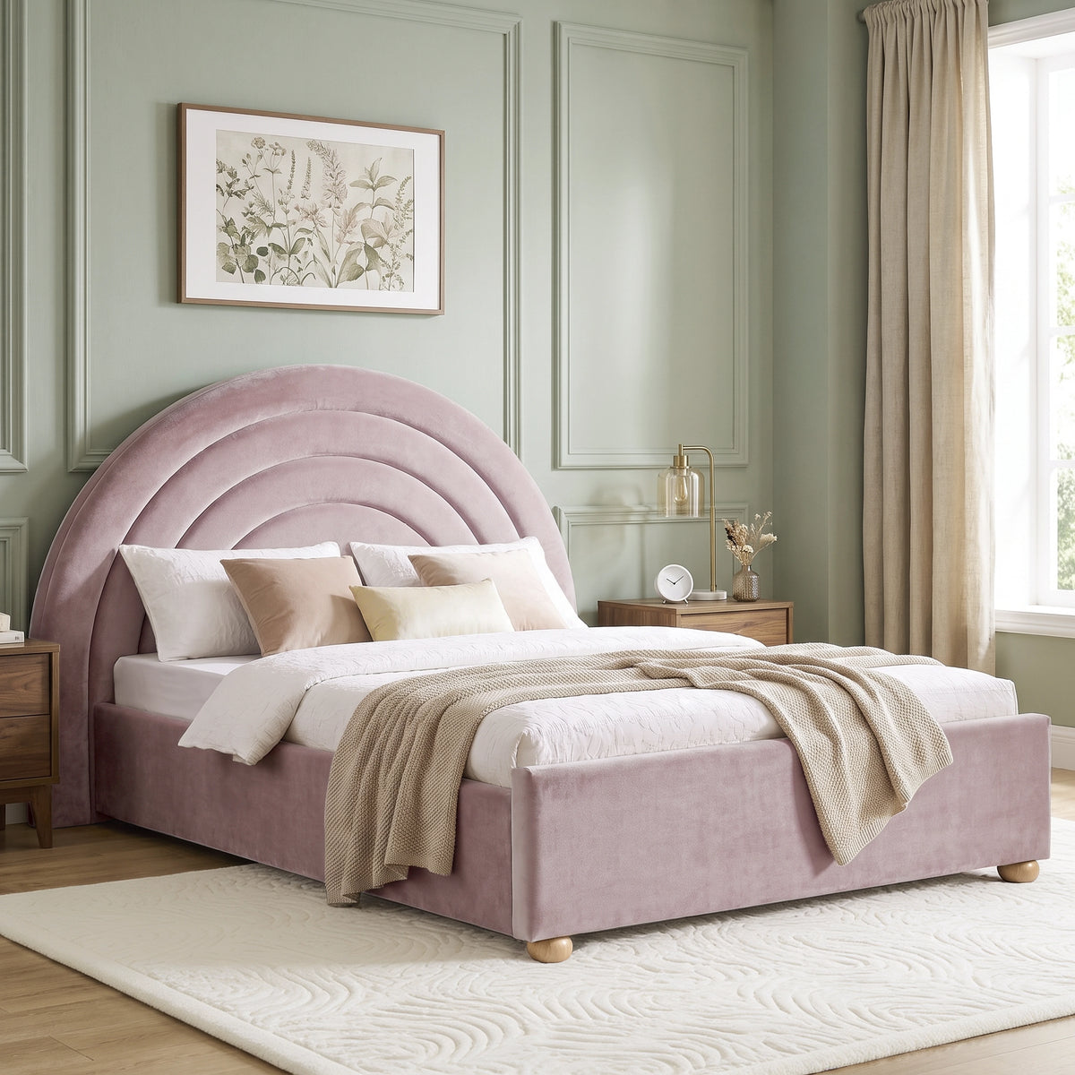 [Pink | King] King pink rainbow ottoman bed in styled bedroom with arch headboard, side table and window