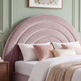 [Pink | King] Close-up of pink plush velvet concentric arch headboard with padded curved channels and pillows