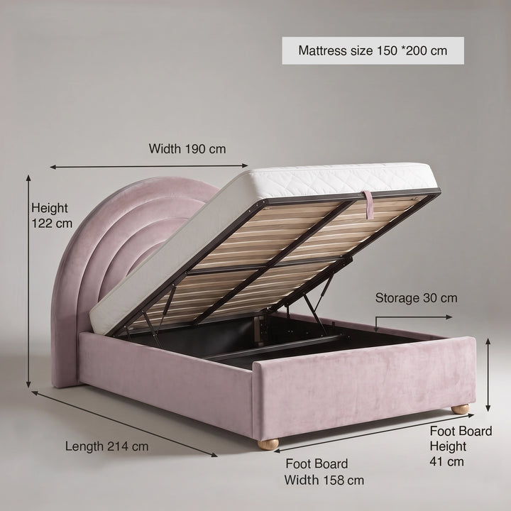 [Pink | King] Size guide: mattress 150 x 200 cm; 190 cm wide headboard; 158 wide x 214 long bed; storage 30 cm