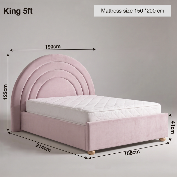 [Pink | King] Size guide: mattress 150 x 200 cm; 190 cm wide headboard; 158 wide x 214 long bed; storage 30 cm