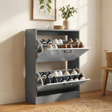 [Dark Grey & Sliver Grey] 2 Door Slim Shoe Cabinet For Hallway with both storage compartments tilted open.