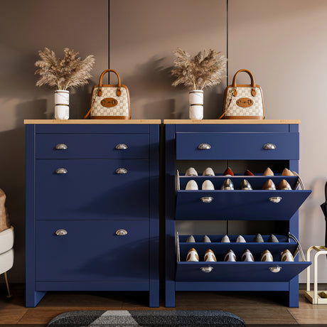 hallway shoe cabinet pair in blue with oak tops, one open showing shoes and wellies, decor and bag placed on cabinets