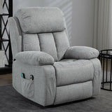 Grey fabric recliner armchair with plush cushioning and side pockets, ideal for living rooms or bedrooms. Stylish and functional seating.