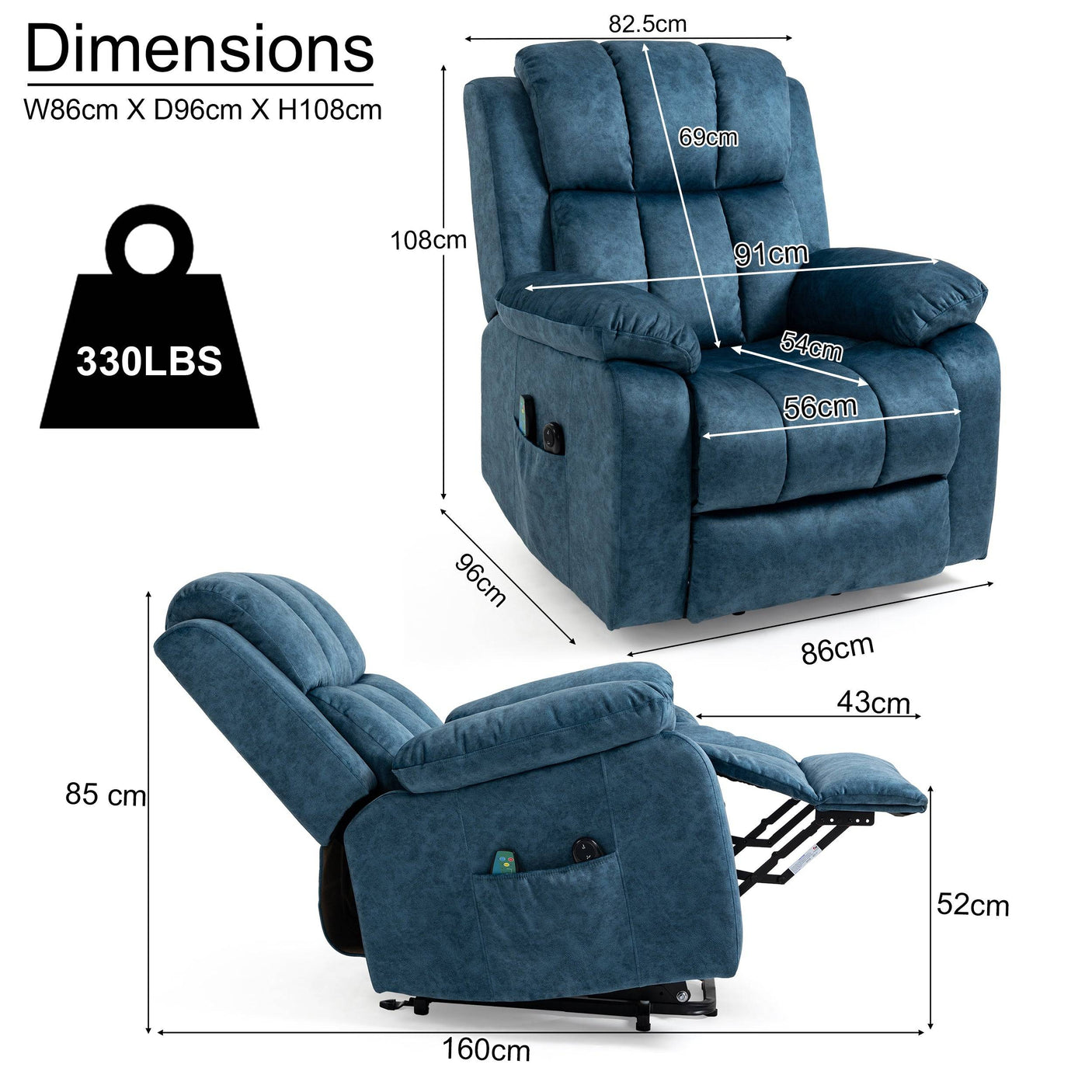Detailed dimensions of blue velvet recliner chair with 330lbs weight capacity, showing seat and backrest measurements for ergonomic fit.
