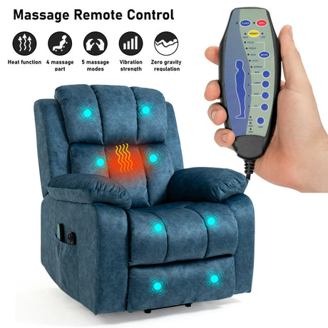 Armchair electric recliner with massage and heat functions, featuring remote control.